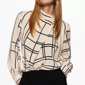 Geometric Beige and Black Printed, Draped Crepe Blouse Small